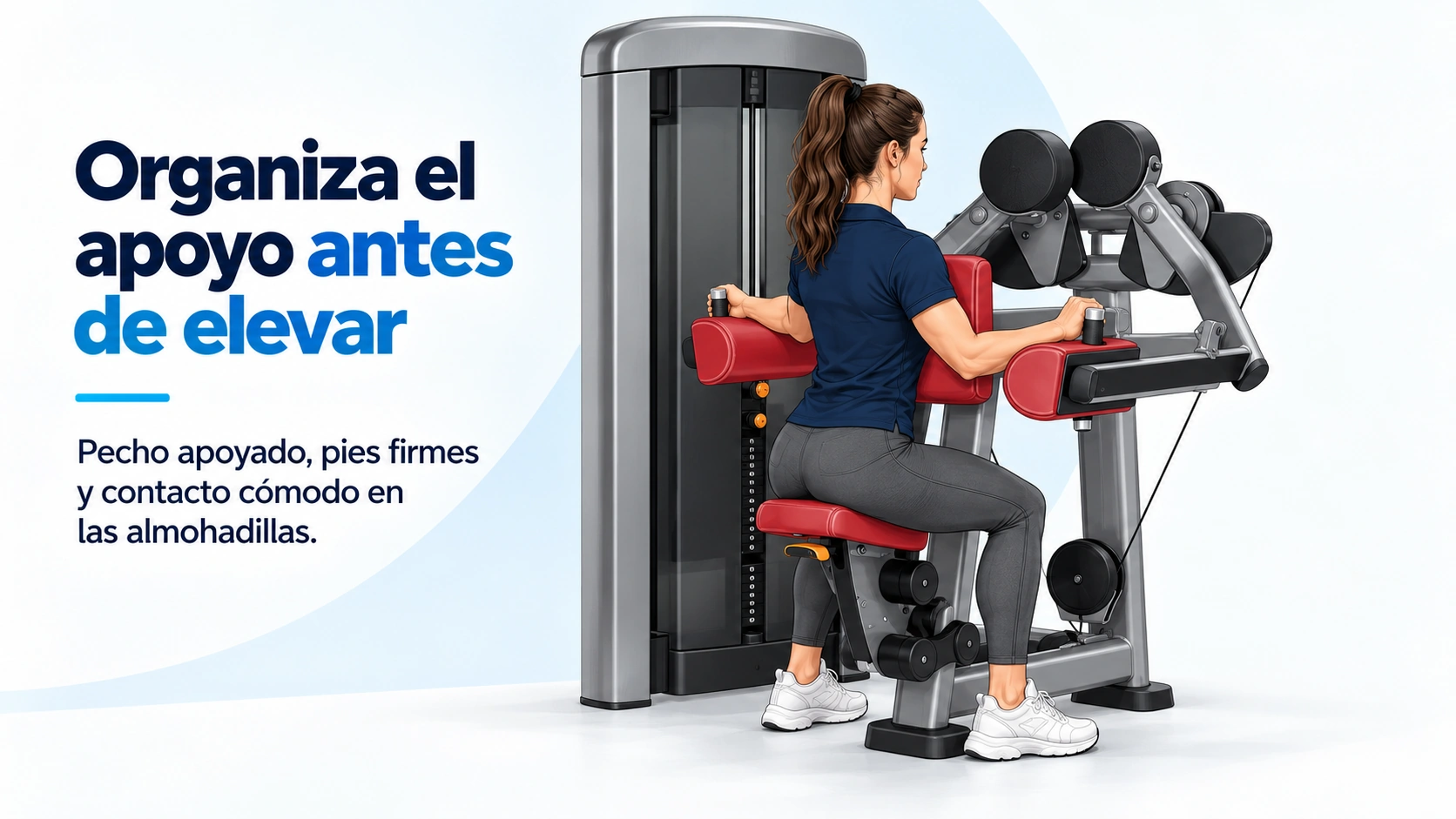 Posición inicial con pecho apoyado, pies estables y brazos en las almohadillas de una elevación lateral en máquina