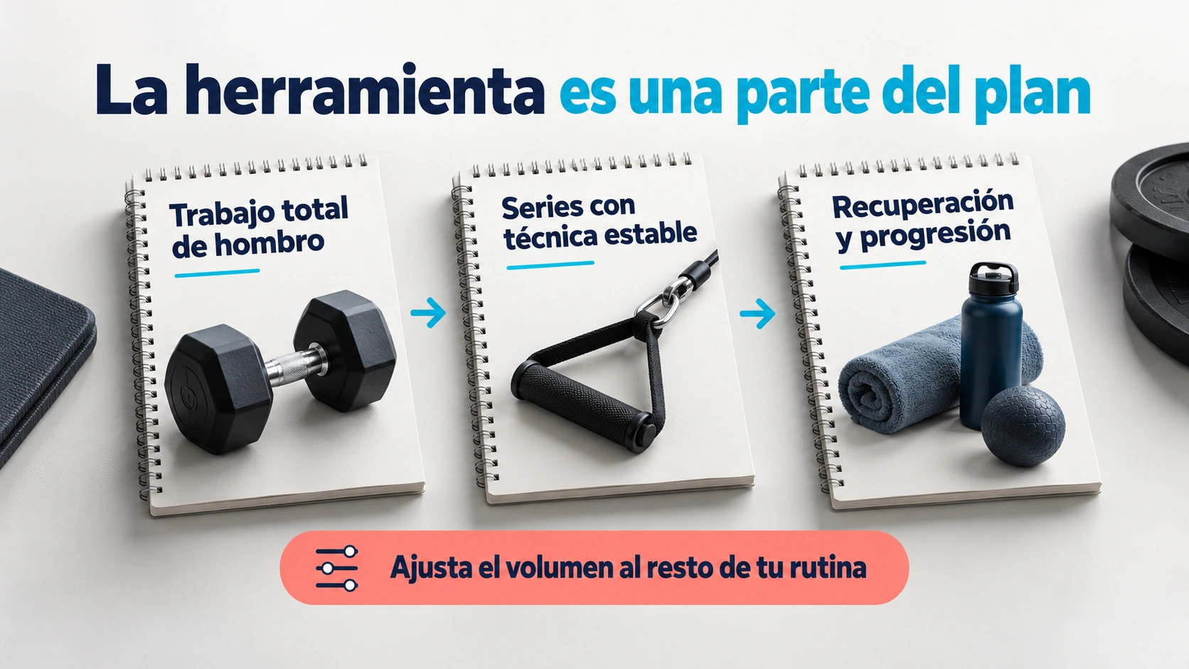 La elección del ejercicio debe coordinarse con volumen de hombro, esfuerzo y recuperación