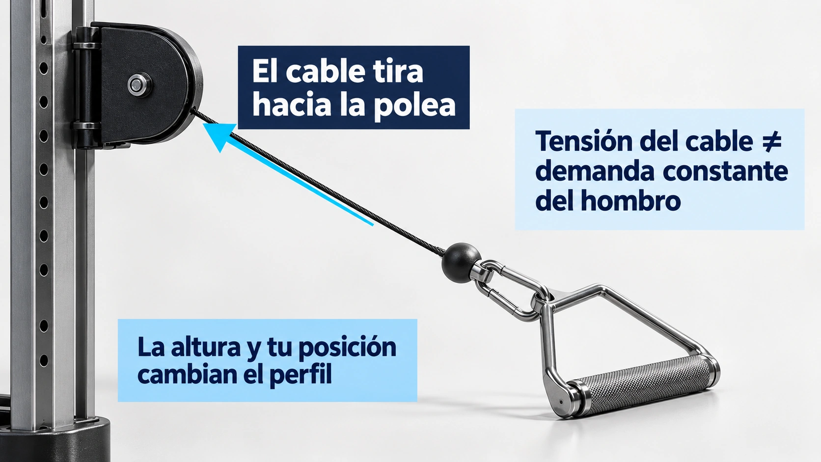 La dirección del cable y la geometría del brazo cambian la demanda sobre el hombro
