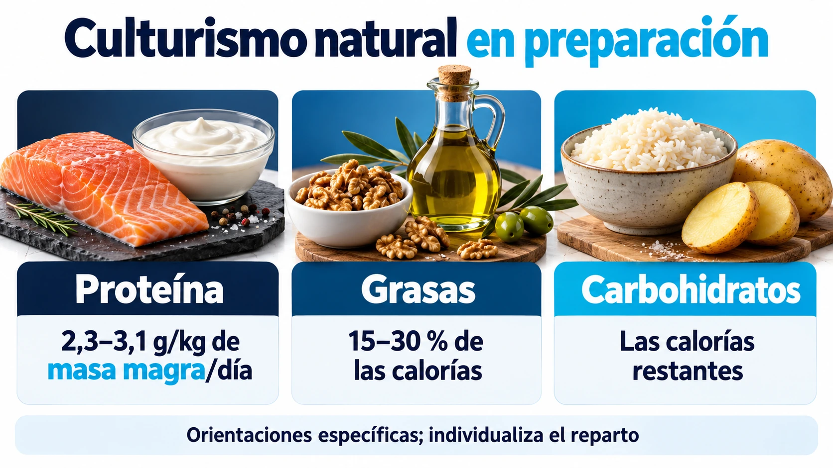 Orientaciones de proteína por masa magra, grasas y carbohidratos en preparación de culturismo natural.