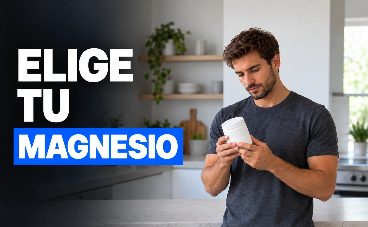 Hombre joven examinando un envase blanco en una cocina, junto al titular «Elige tu magnesio».