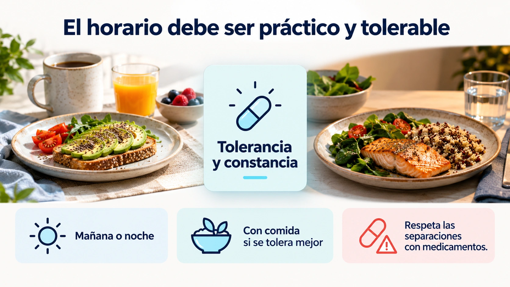 No hay una hora mágica para el magnesio y tomarlo con comida puede facilitar la tolerancia digestiva