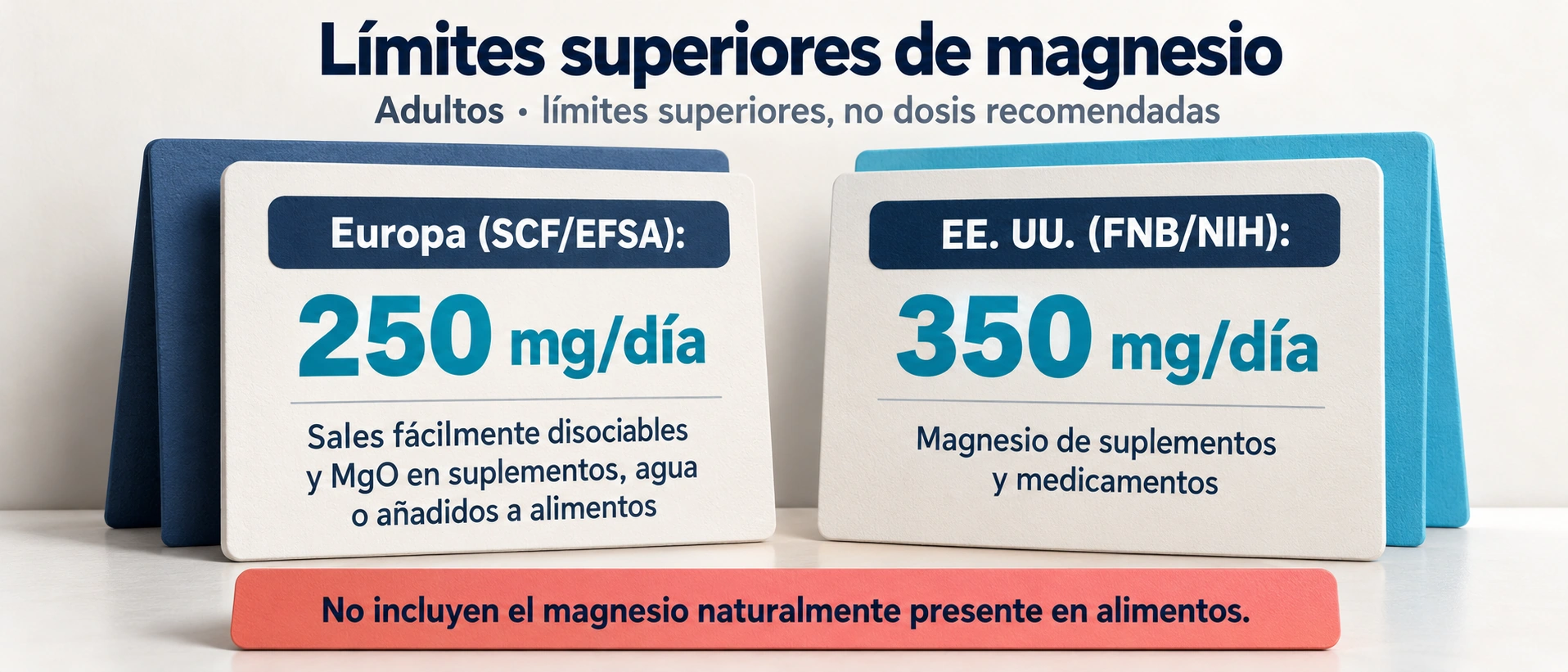 El límite europeo para magnesio añadido no es igual al límite estadounidense para suplementos y medicamentos