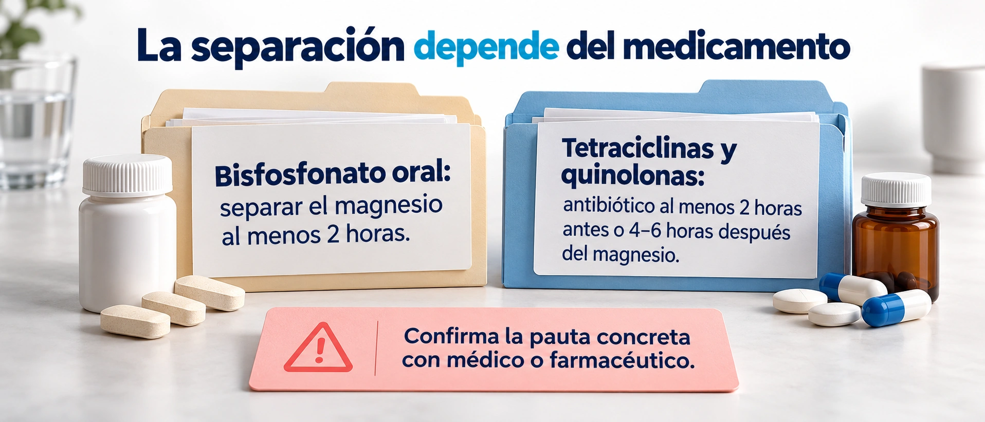 El magnesio puede reducir la absorción de ciertos medicamentos y las separaciones deben revisarse por fármaco