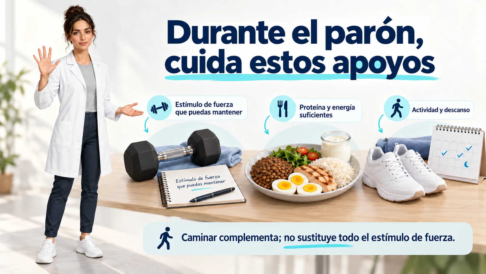 La profesional sanitaria explica la importancia del estímulo de fuerza, la alimentación suficiente, la actividad y el descanso.