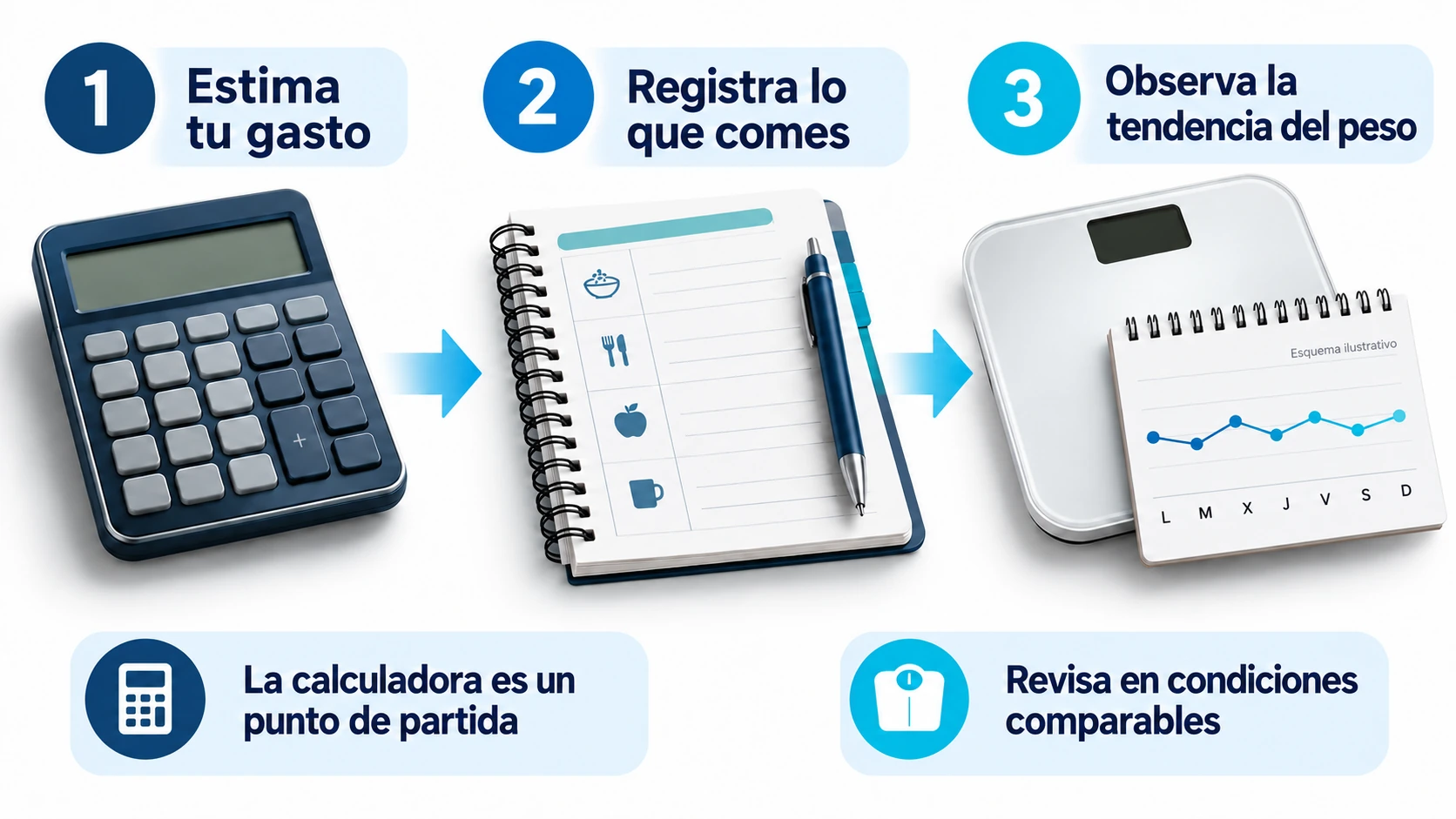 Proceso para estimar el mantenimiento calórico y comprobarlo con la ingesta y la tendencia del peso.