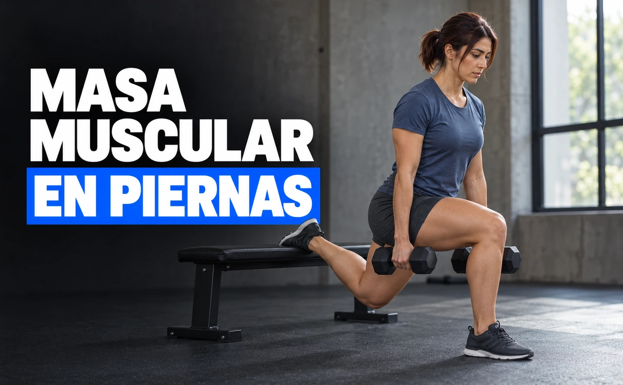 Deportista joven realizando una sentadilla búlgara con mancuernas y el pie trasero apoyado en un banco, junto al titular «Masa muscular en piernas».