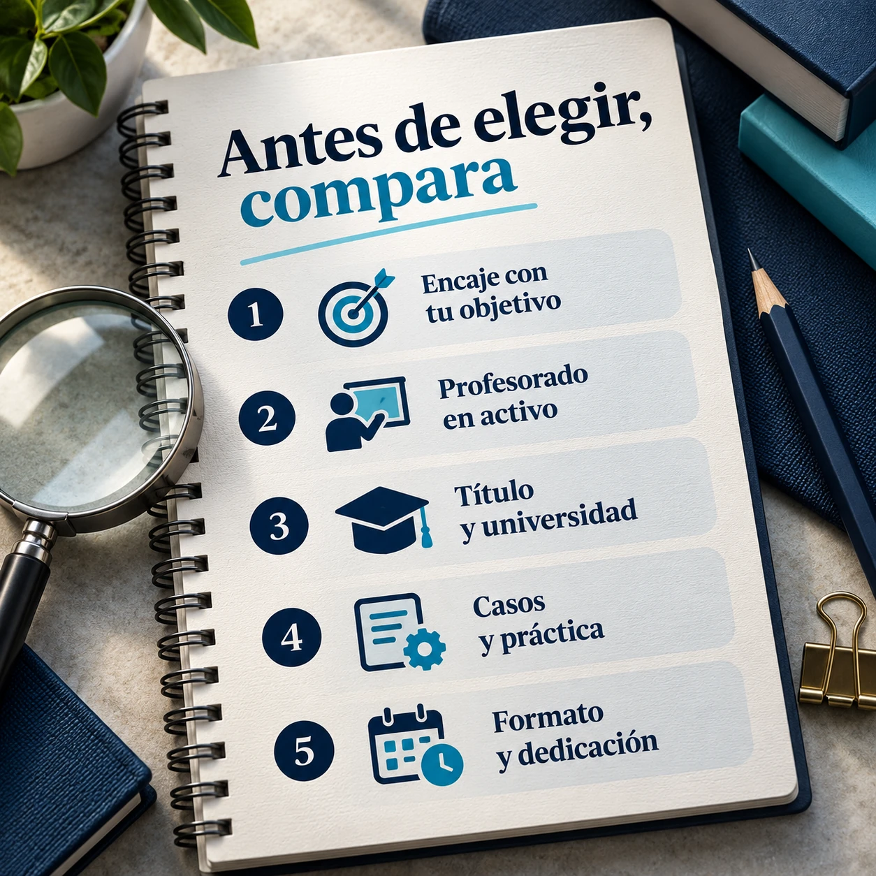Cinco criterios para comparar másteres: objetivo profesional, profesorado, titulación, práctica y dedicación.