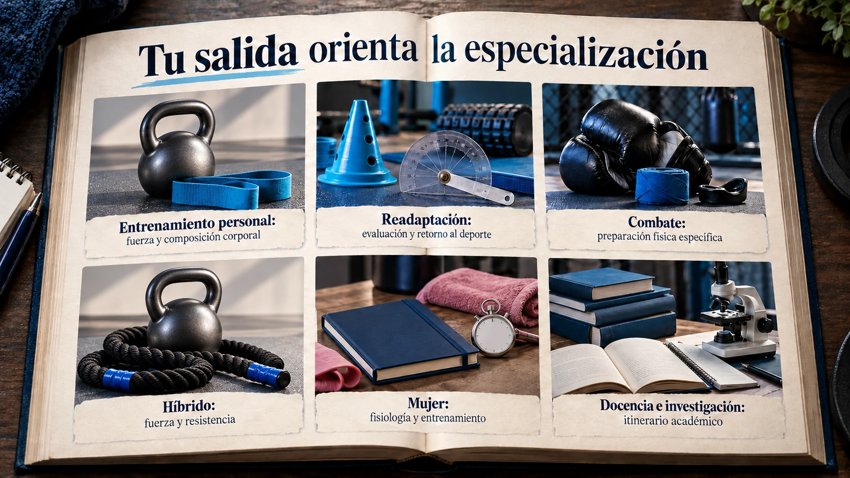 Seis ámbitos de especialización después de CAFD: entrenamiento, readaptación, combate, híbrido, mujer y docencia e investigación.