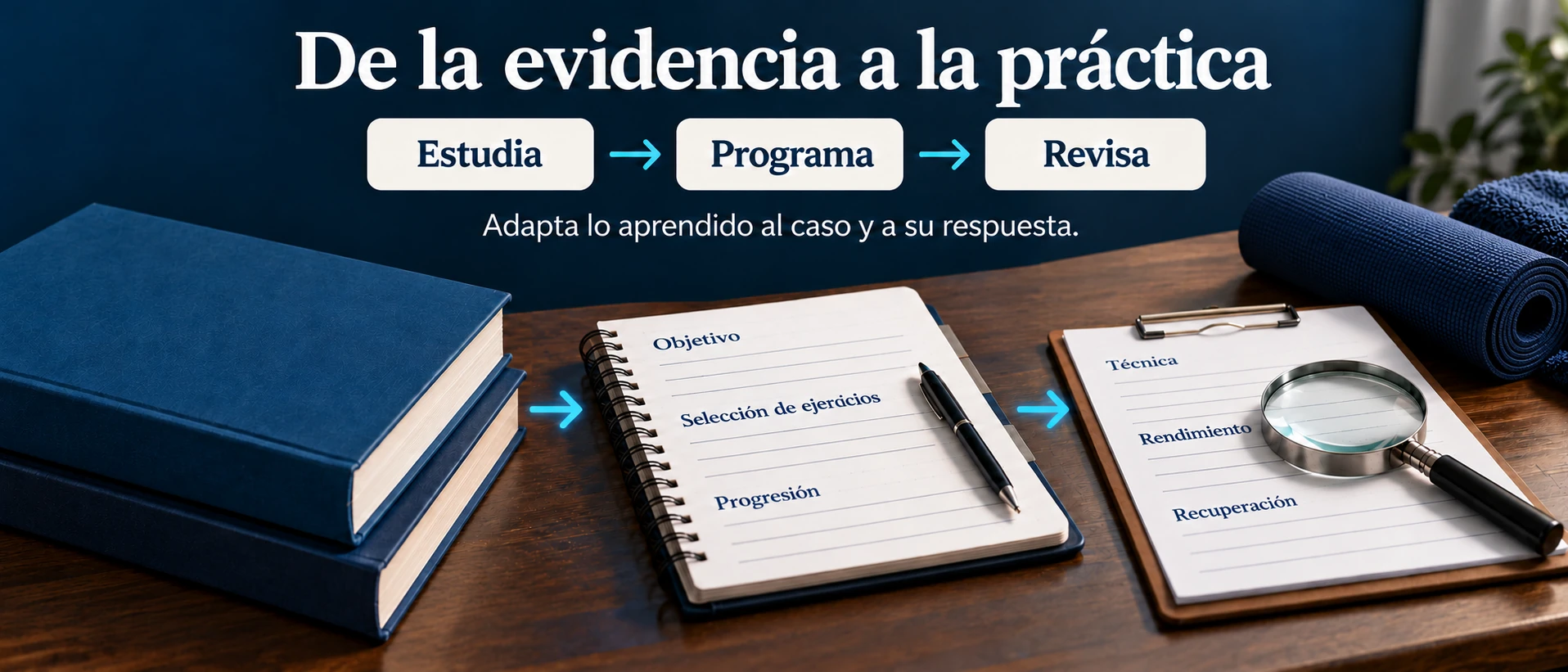 Secuencia de estudio, programación y revisión para aplicar conocimientos al entrenamiento.