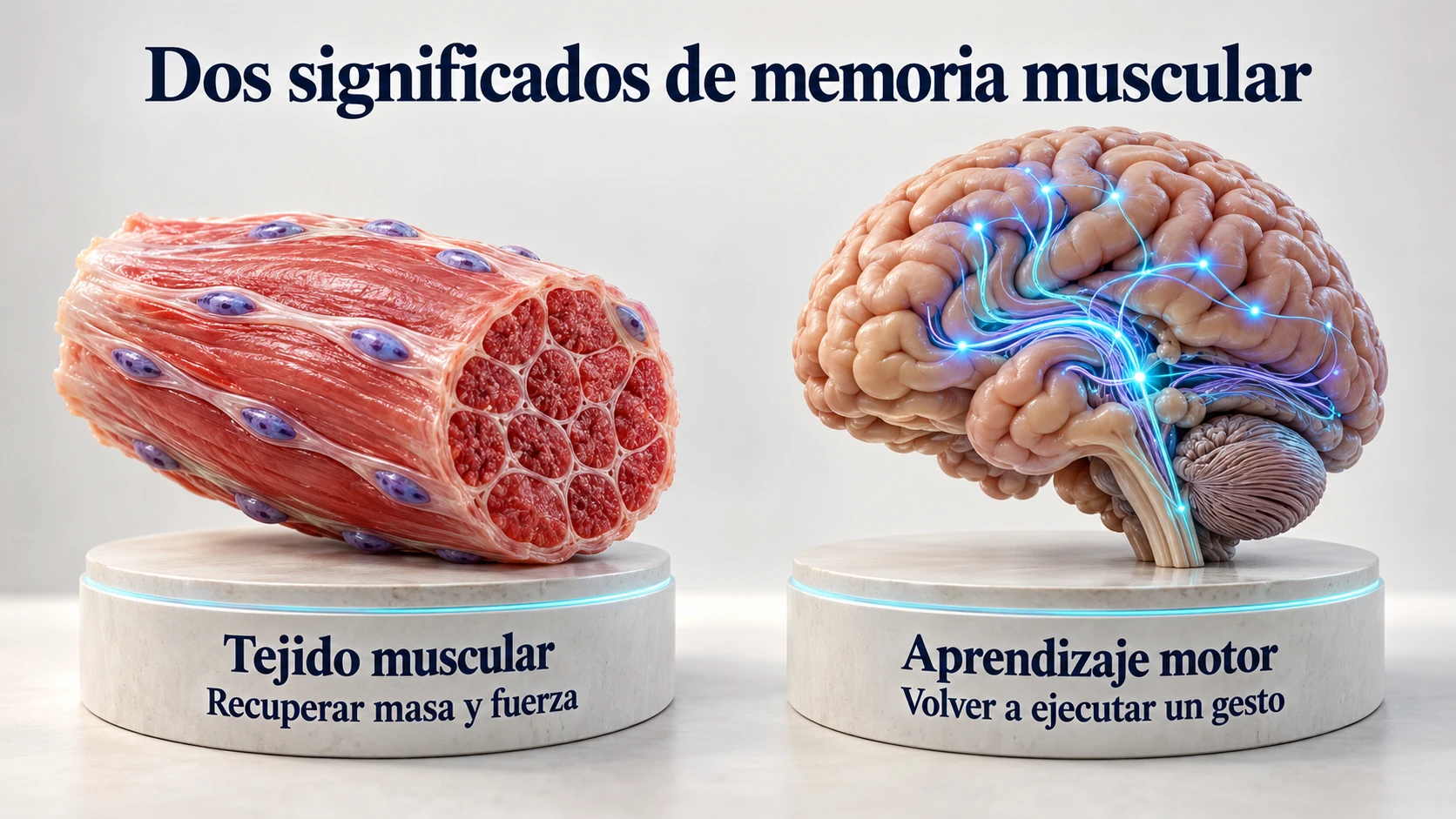 Modelos de tejido muscular y cerebro que distinguen la recuperación de adaptaciones musculares del aprendizaje de un gesto.