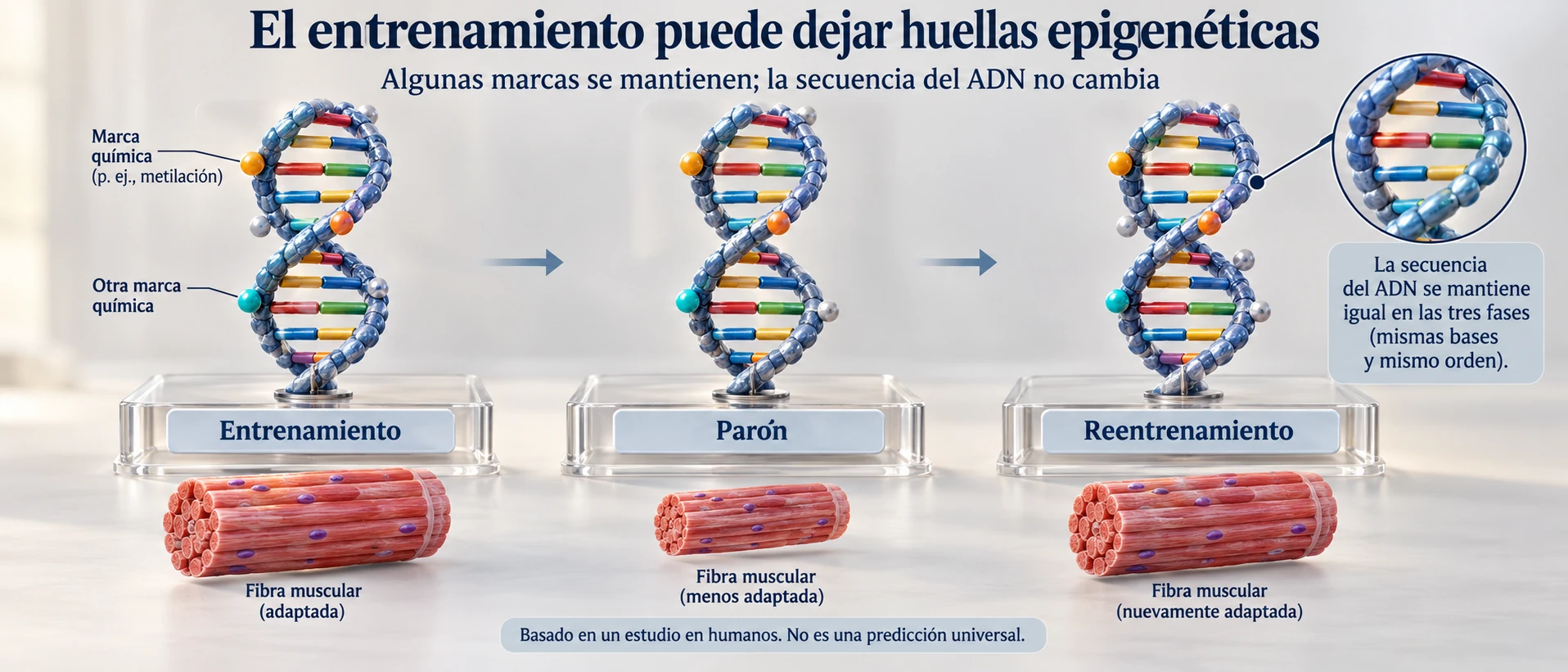 Modelos de ADN que ilustran la conservación de algunas marcas epigenéticas durante un parón sin cambiar su secuencia.