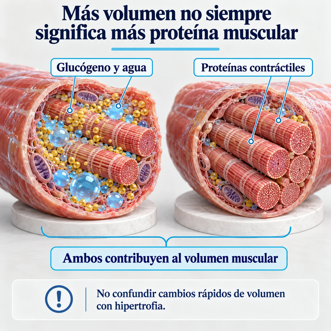 Glucógeno, agua y proteínas contráctiles como componentes que contribuyen al volumen de la fibra muscular.