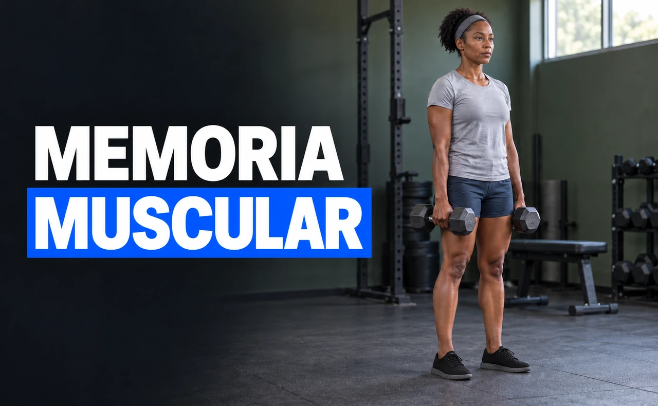 Mujer de pie en un gimnasio sujetando dos mancuernas a los lados del cuerpo. Titular: «Memoria muscular».