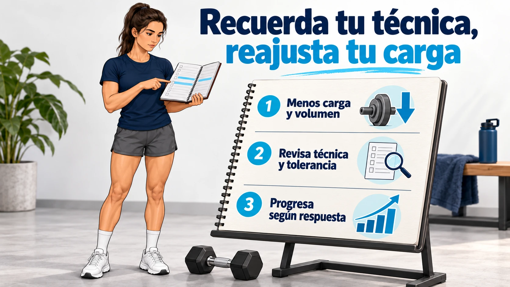 Alumna revisando su registro y tres criterios para volver a entrenar con una carga y un volumen ajustados a su capacidad.