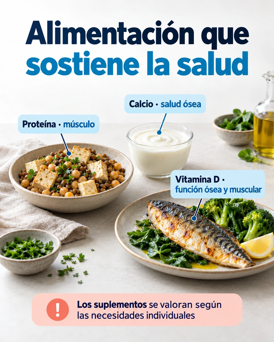 Alimentos que aportan proteína, calcio y vitamina D dentro de una alimentación adaptada a las necesidades individuales