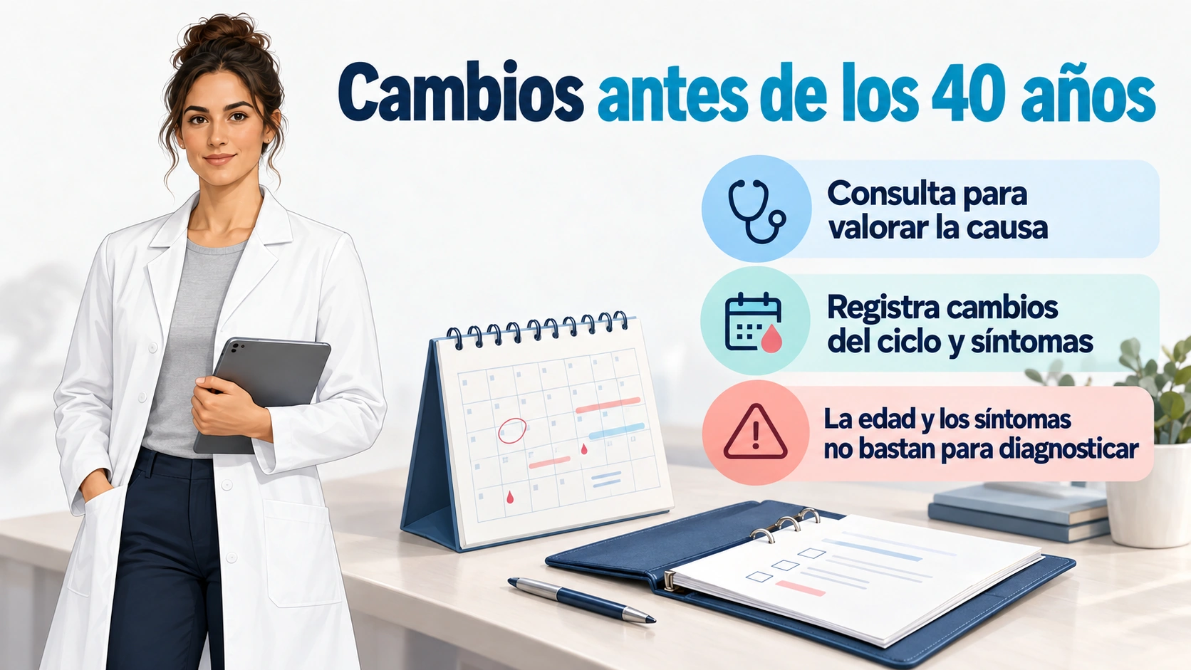 Profesional sanitaria y registro de síntomas para recomendar valoración clínica ante cambios del ciclo antes de los cuarenta años
