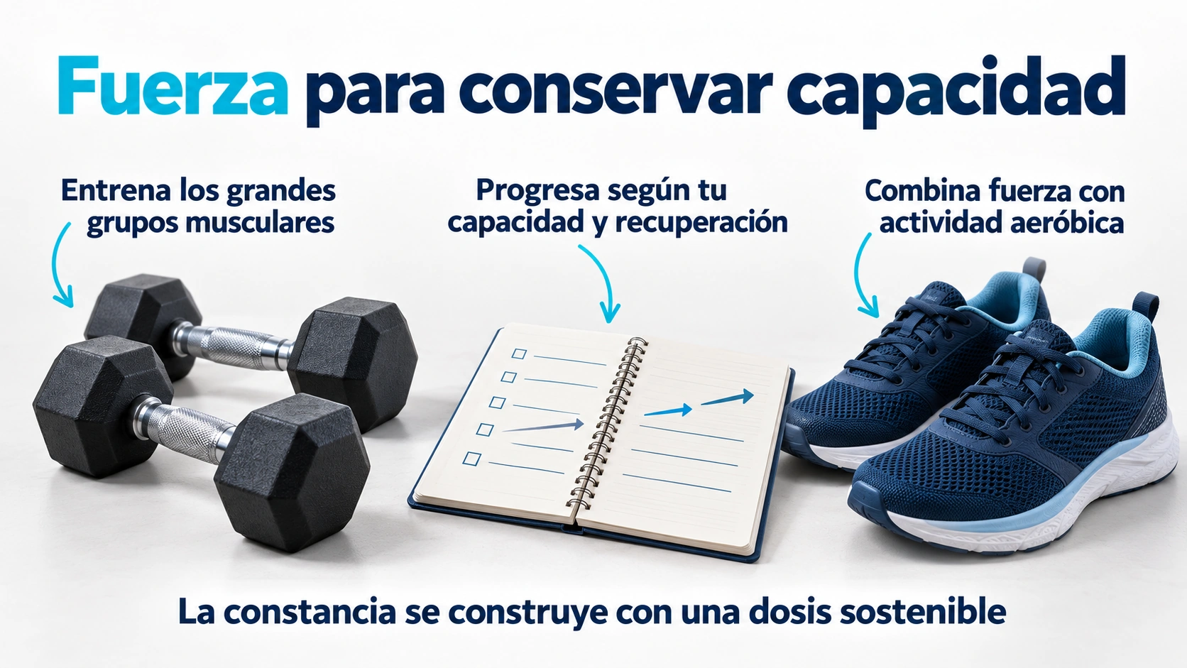 Material de entrenamiento y registro de progresión para explicar fuerza, capacidad funcional y actividad aeróbica en menopausia
