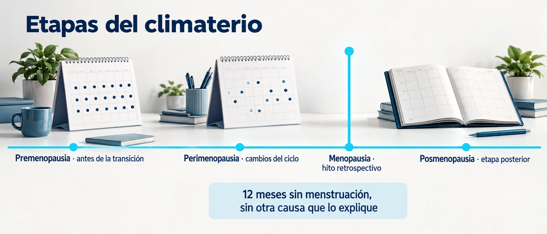 Etapas del climaterio con la menopausia señalada como hito retrospectivo tras doce meses sin menstruación sin otra causa