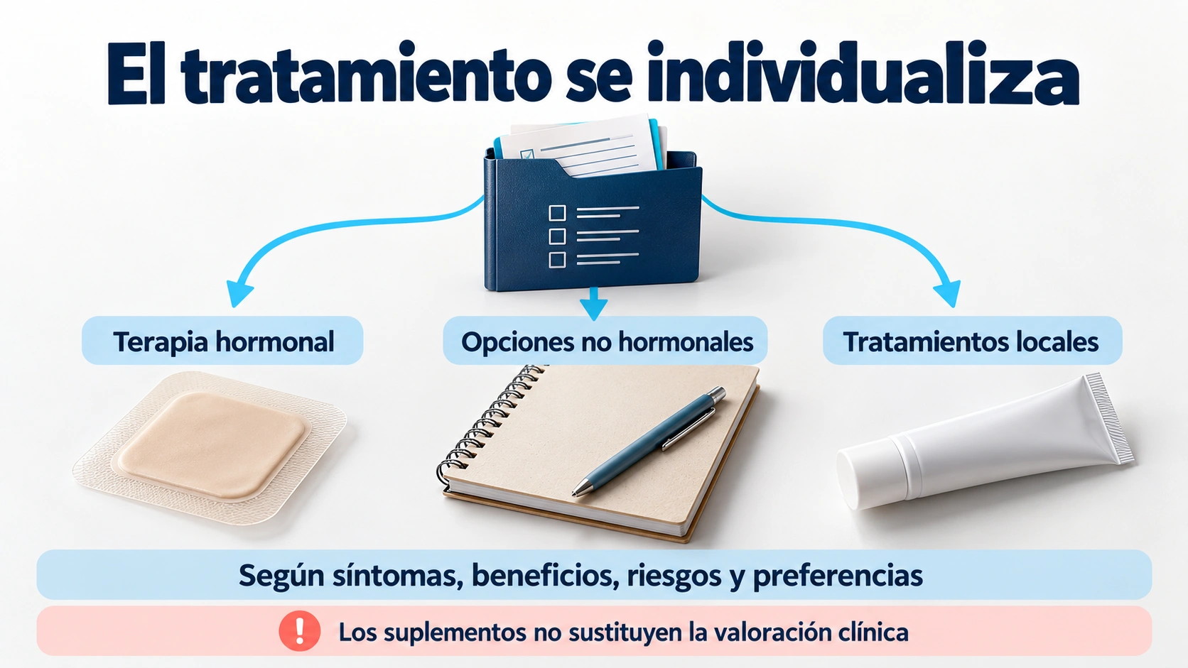 Opciones hormonales, no hormonales y locales para síntomas de menopausia elegidas según valoración clínica y preferencias
