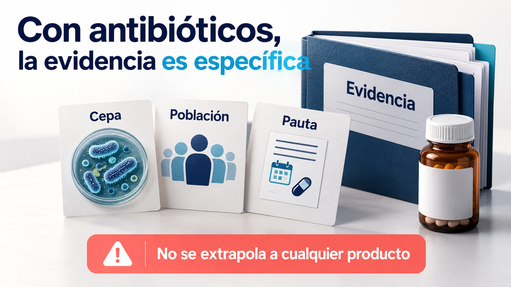 La evidencia sobre diarrea asociada a antibióticos depende de la cepa, la población y la pauta; no respalda cualquier producto.
