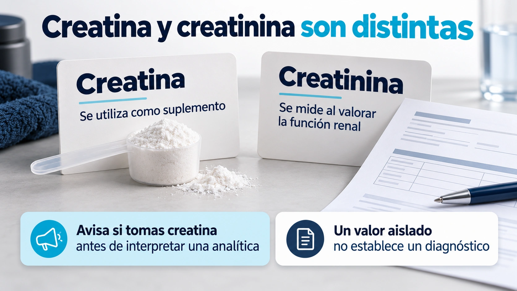 Creatina y creatinina son sustancias relacionadas con usos e interpretación diferentes.