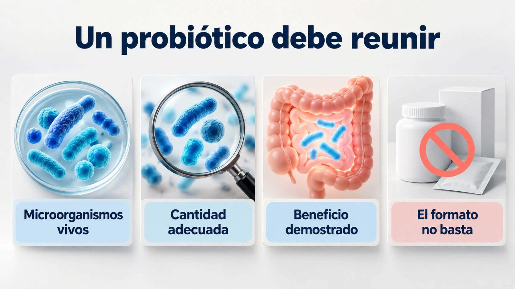 Un probiótico aporta microorganismos vivos, una cantidad adecuada y un beneficio demostrado; el formato no basta.