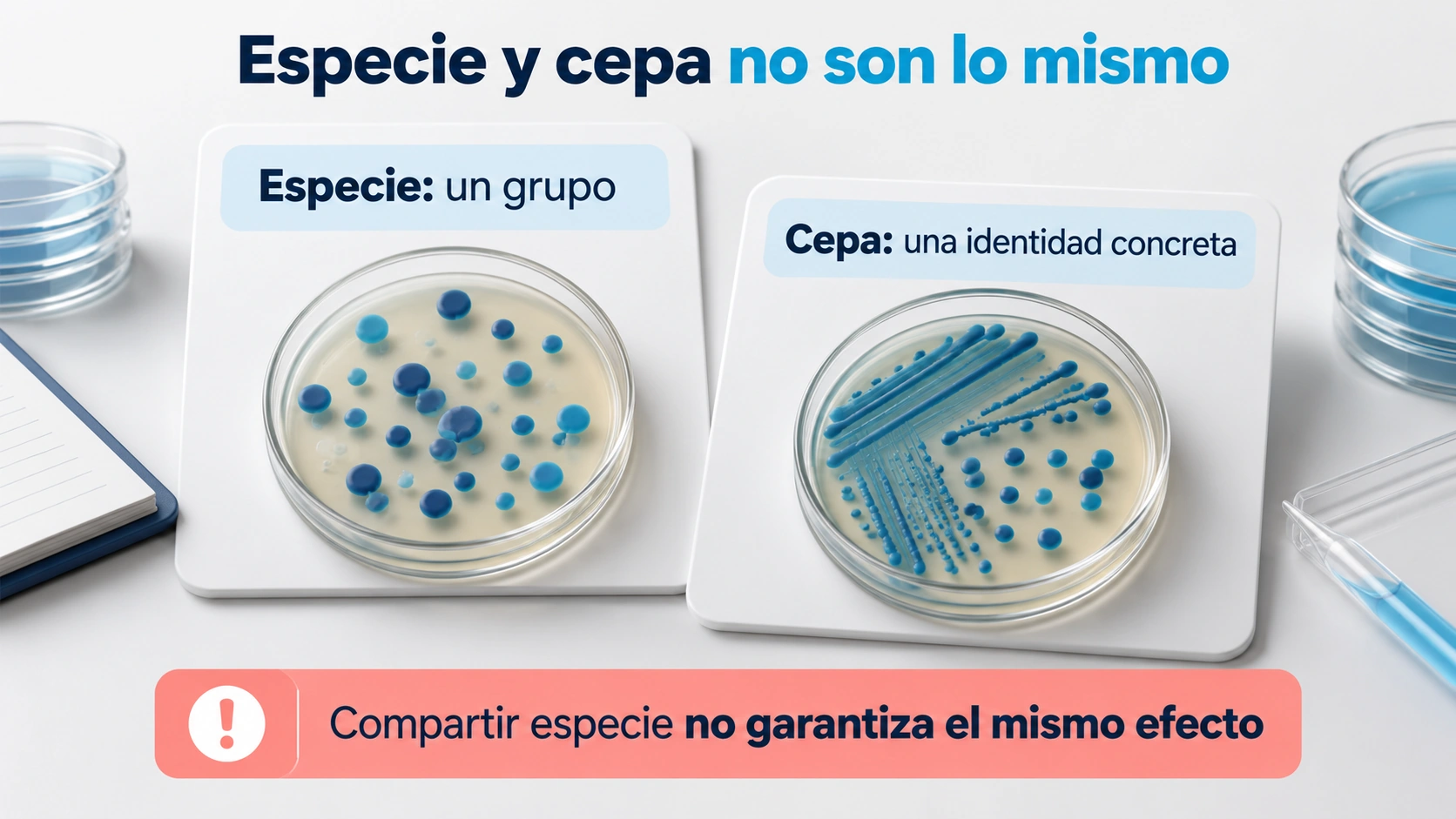 La especie identifica un grupo y la cepa identifica un microorganismo concreto; compartir especie no garantiza compartir efecto.