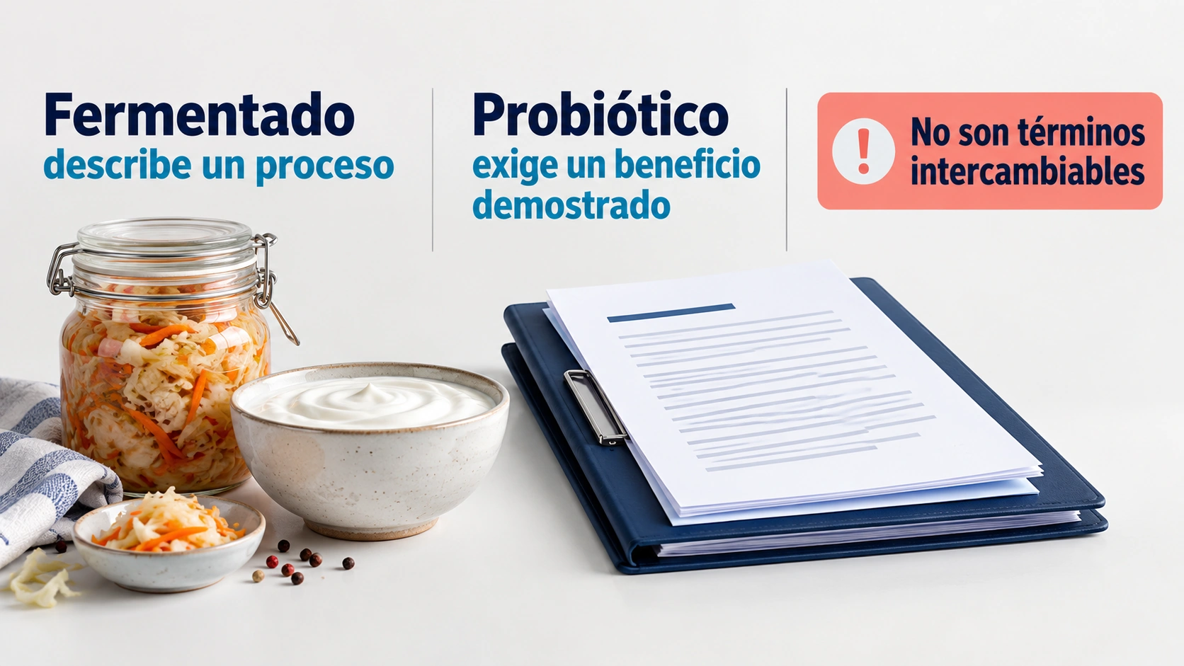 La fermentación describe cómo se elabora un alimento; la consideración de probiótico requiere microorganismos vivos y evidencia de beneficio.