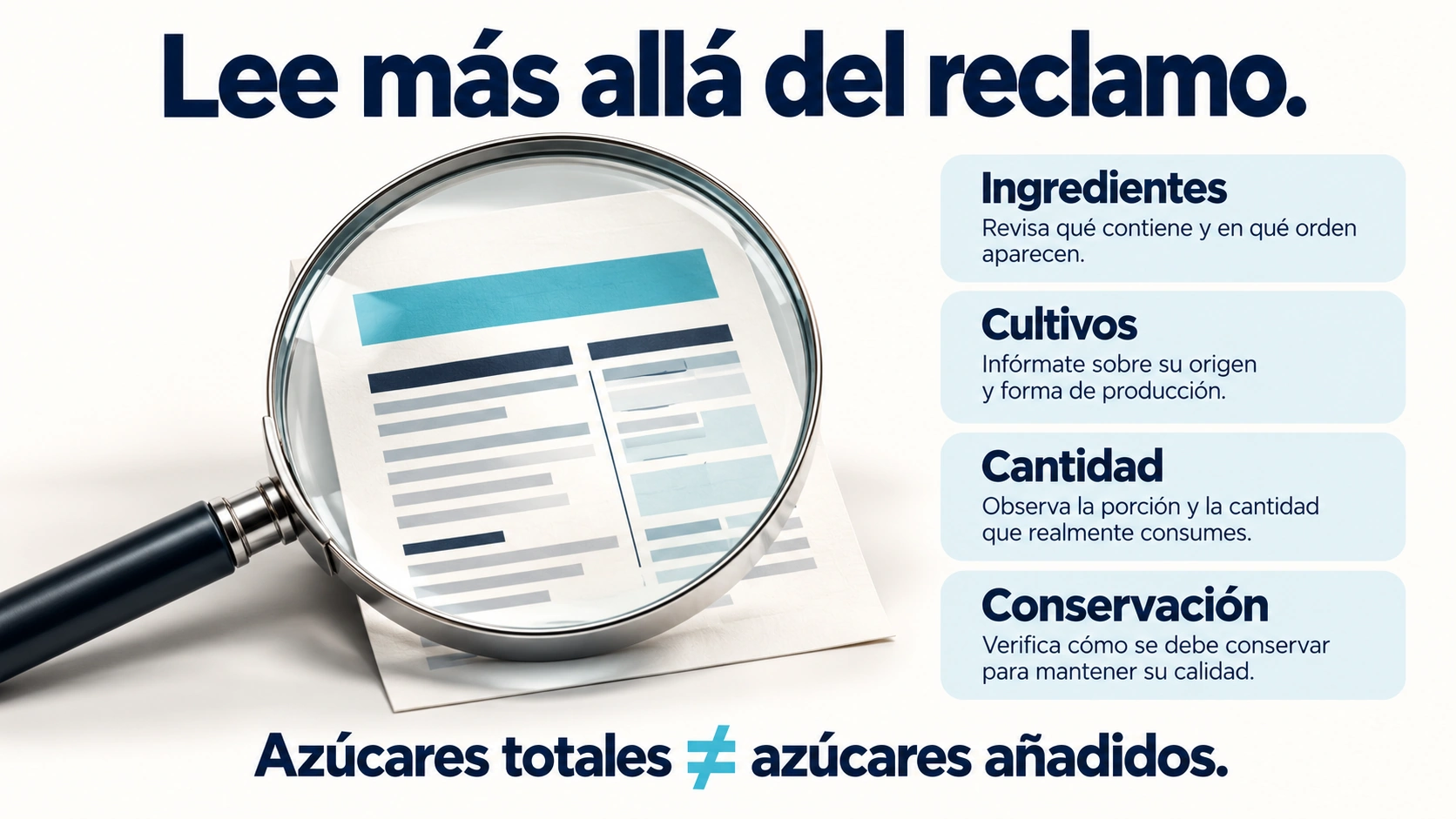 Conviene revisar ingredientes, identificación de cultivos, cantidad y conservación; los azúcares totales no equivalen a los añadidos.
