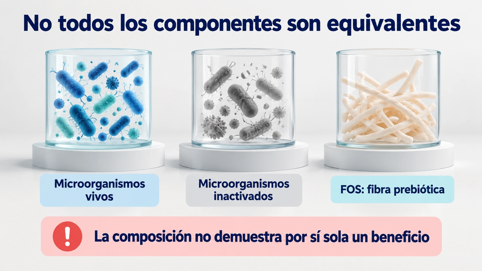 Los microorganismos vivos, los inactivados y los FOS son componentes diferentes; su presencia no demuestra un beneficio del producto.