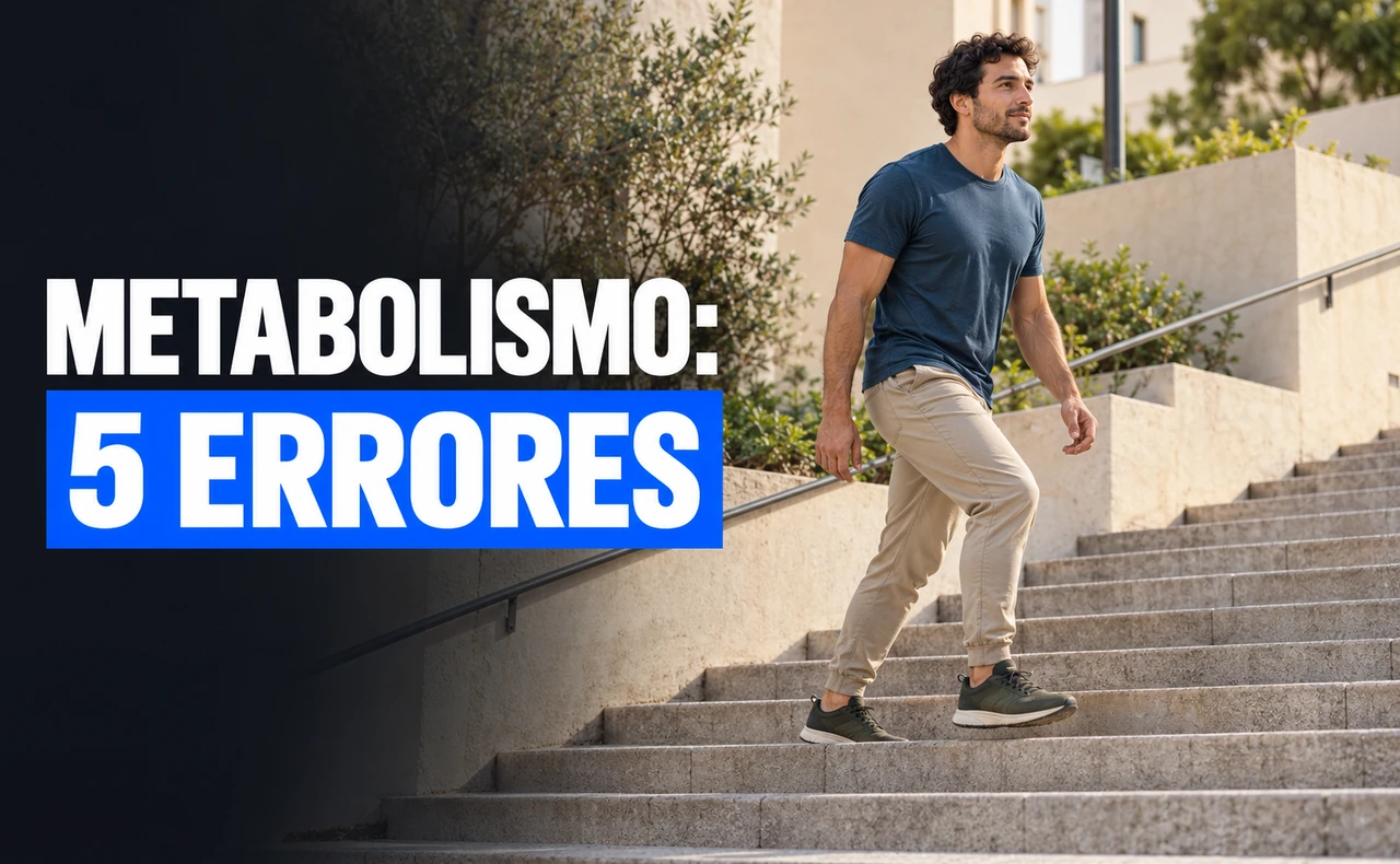 Hombre joven con ropa deportiva subiendo unas escaleras exteriores, junto al titular «Metabolismo: 5 errores».