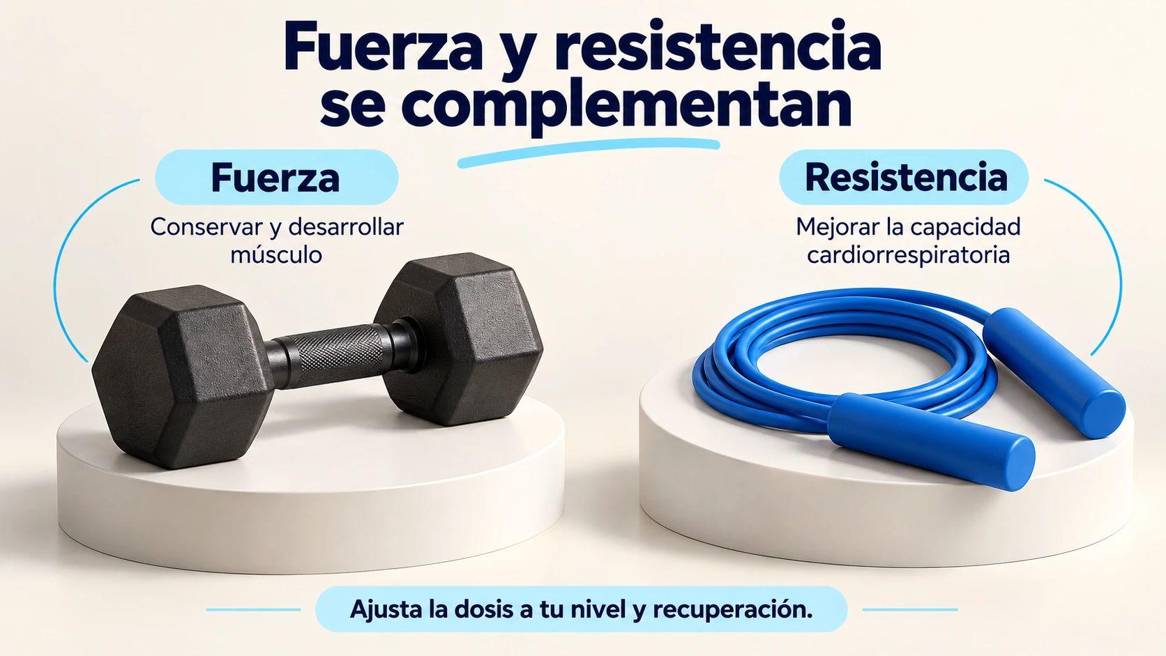 Mancuerna y cuerda de saltar para representar las funciones complementarias de fuerza y resistencia.