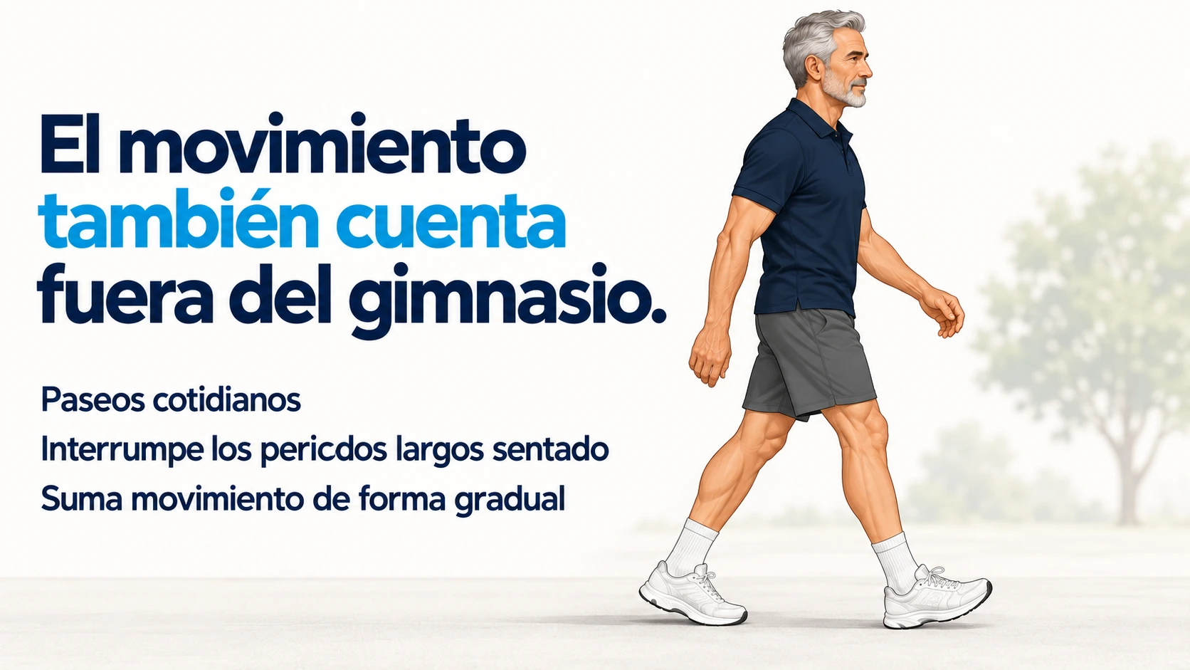Personaje senior caminando durante un paseo cotidiano para aumentar la actividad fuera del gimnasio.