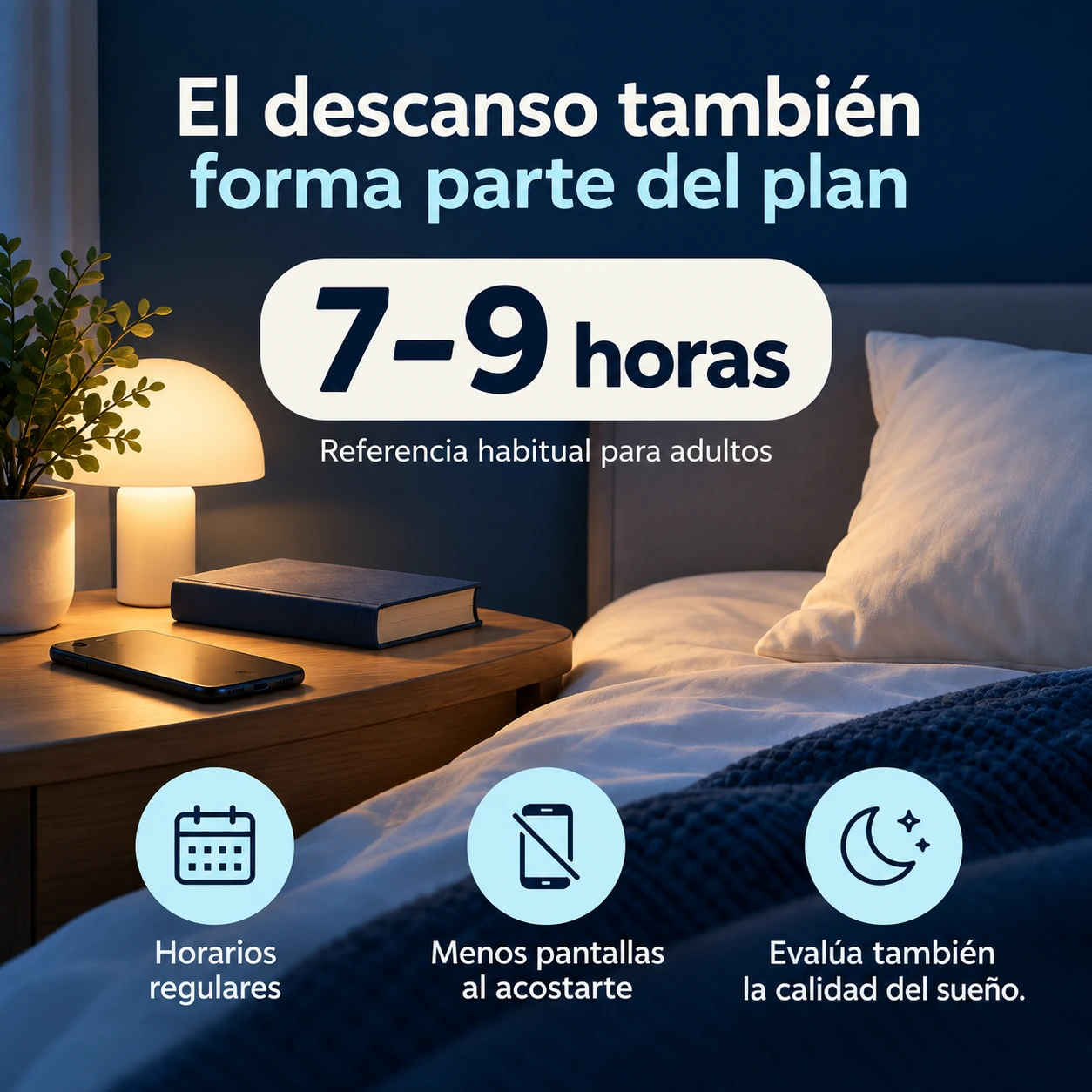 Almohada y teléfono boca abajo junto a una referencia de siete a nueve horas de sueño y horarios regulares.