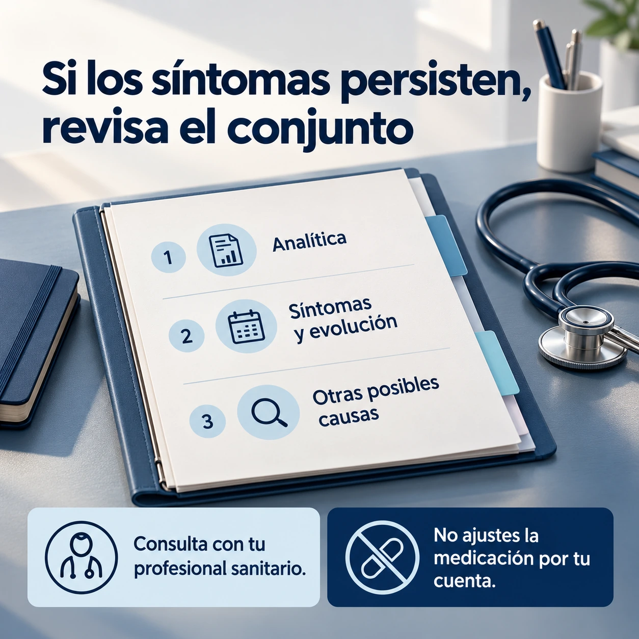 Revisión conjunta de analítica, síntomas, evolución y otras posibles causas cuando persisten las molestias.