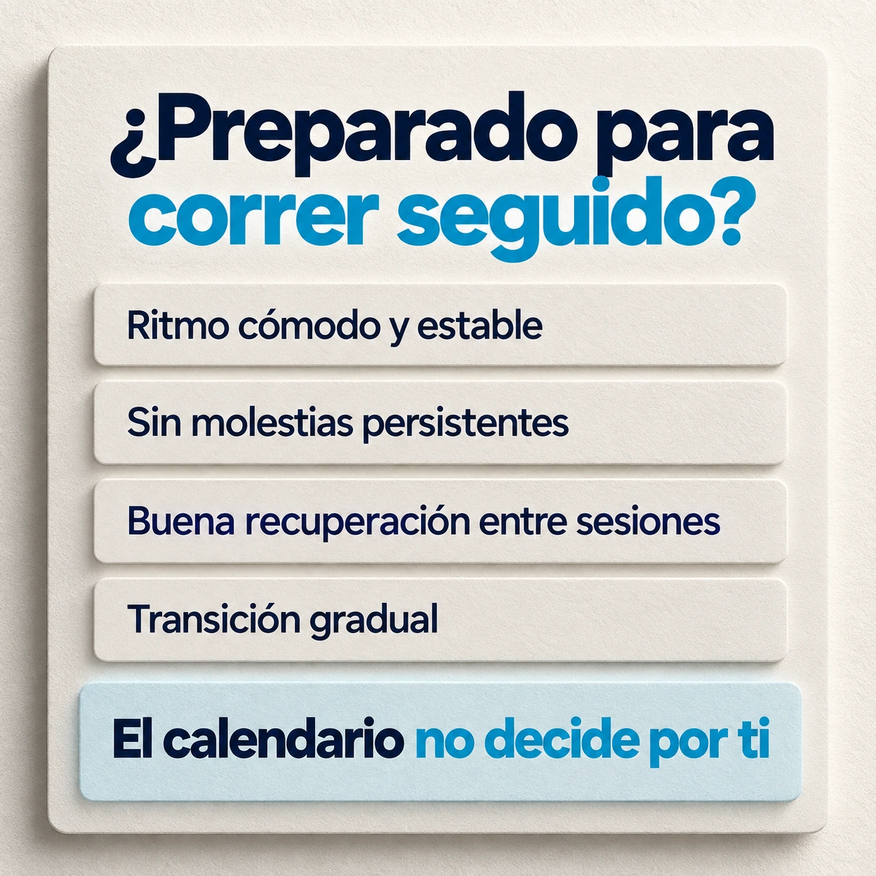 Criterios para pasar de CaCo a carrera continua: ritmo estable, ausencia de molestias persistentes, buena recuperación y transición gradual.