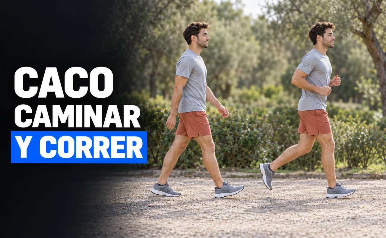 Dos fases del mismo deportista en un sendero, caminando y trotando suavemente, con el titular «CaCo caminar y correr».
