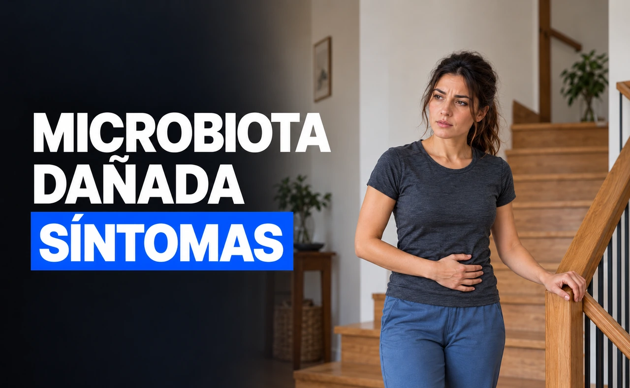 Mujer joven con una mano sobre el abdomen junto a una escalera de madera, con el titular «Microbiota dañada: síntomas».