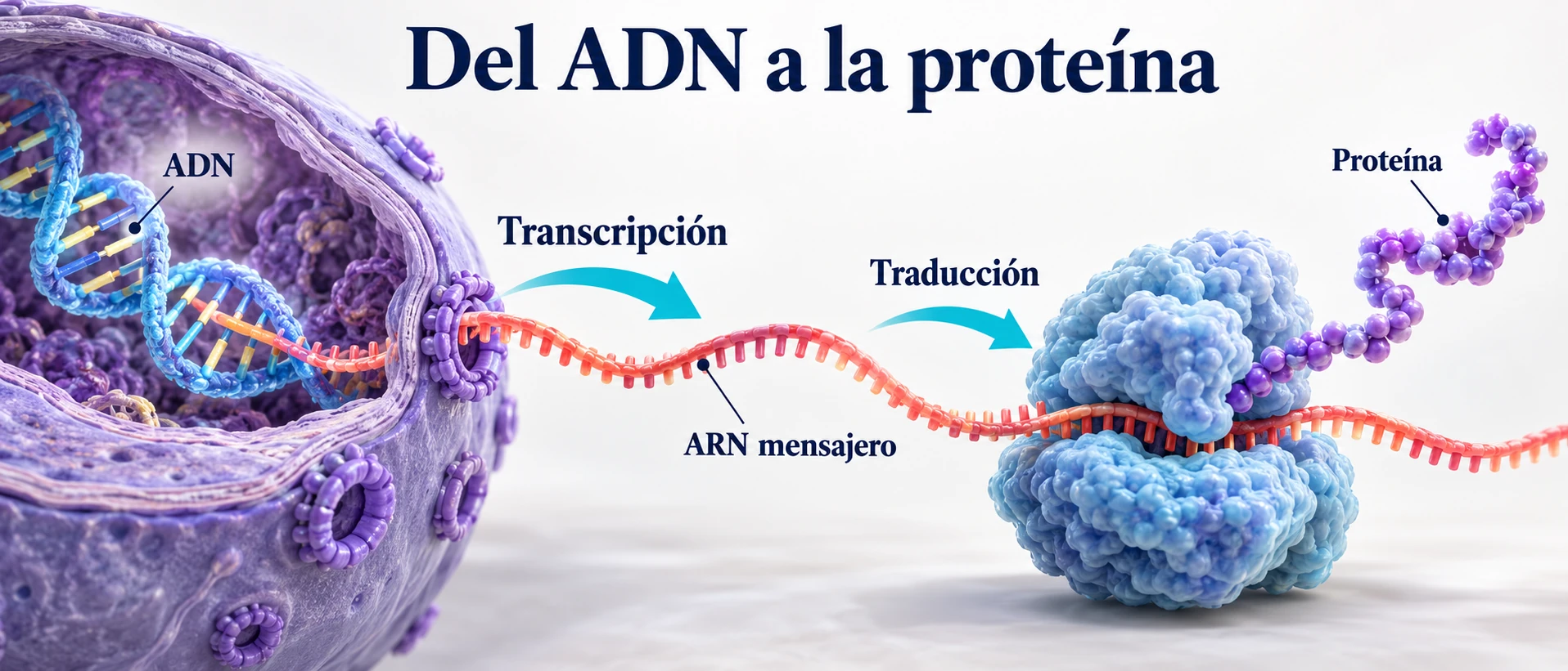 Transcripción del ADN a ARN mensajero y traducción en un ribosoma para formar una proteína.