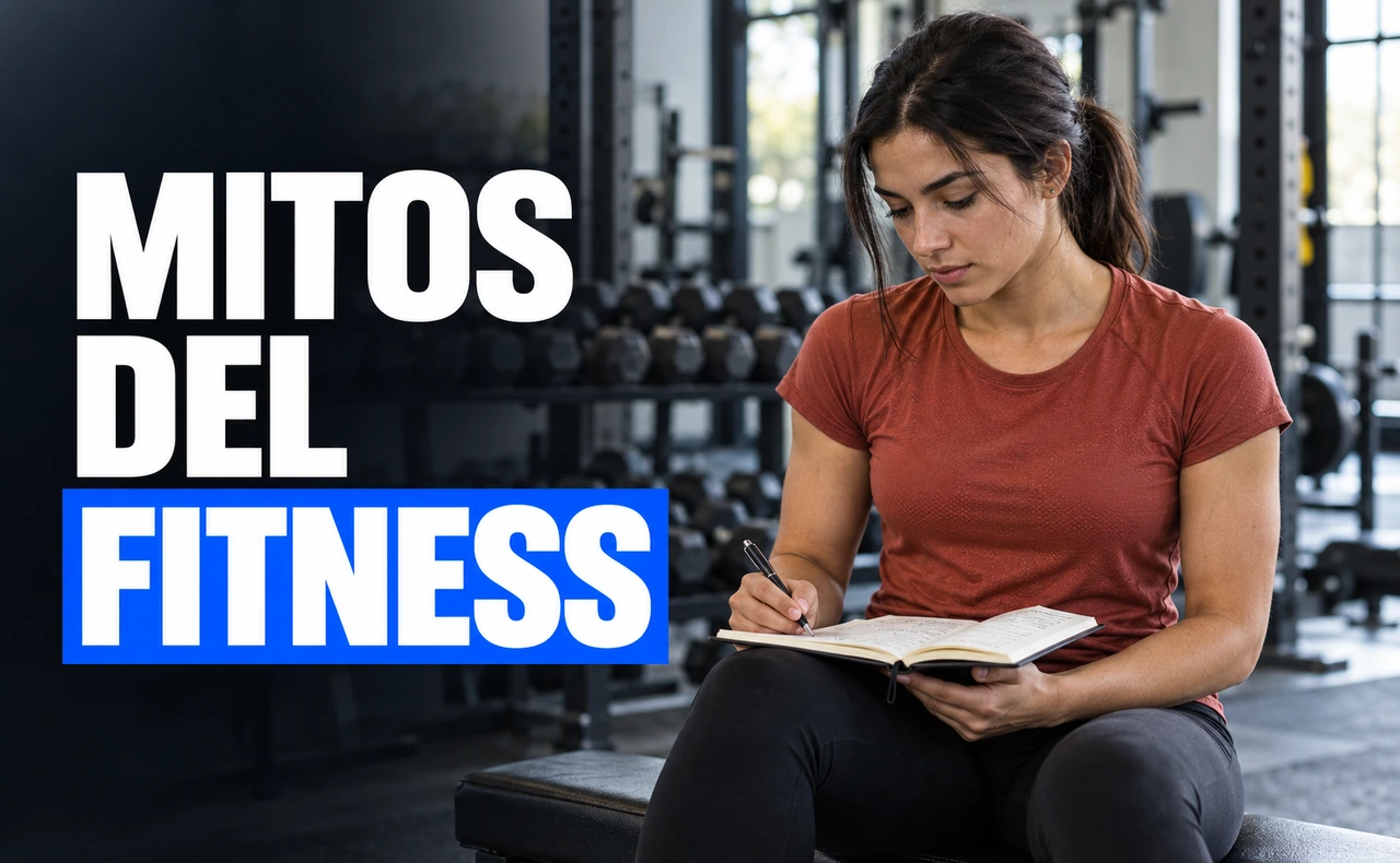 Mujer joven revisando un cuaderno de entrenamiento en un gimnasio, junto al titular «Mitos del fitness».