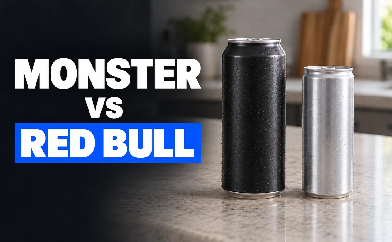 Dos latas sin marca, una negra de mayor tamaño y otra plateada más pequeña, junto al titular «Monster vs Red Bull».