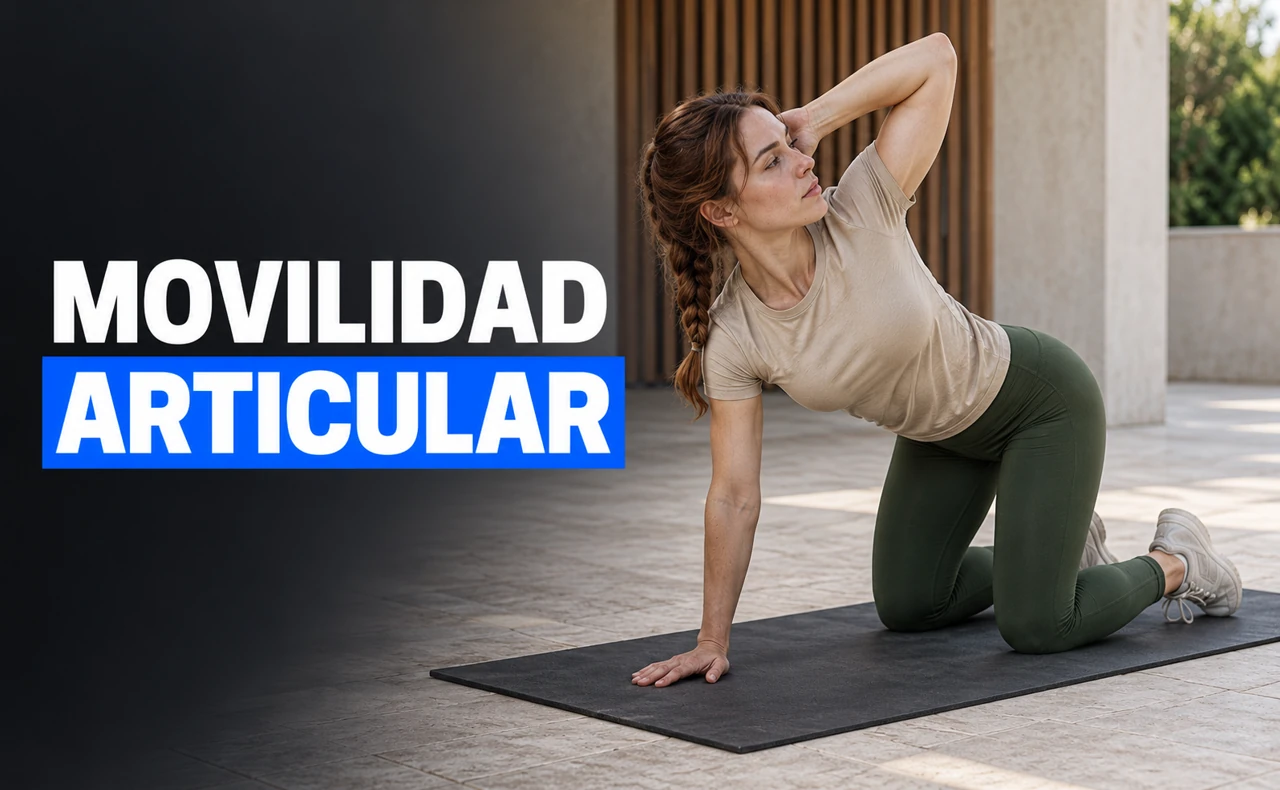 Deportista joven realizando una rotación torácica en cuadrupedia sobre una esterilla, con el titular «Movilidad articular».
