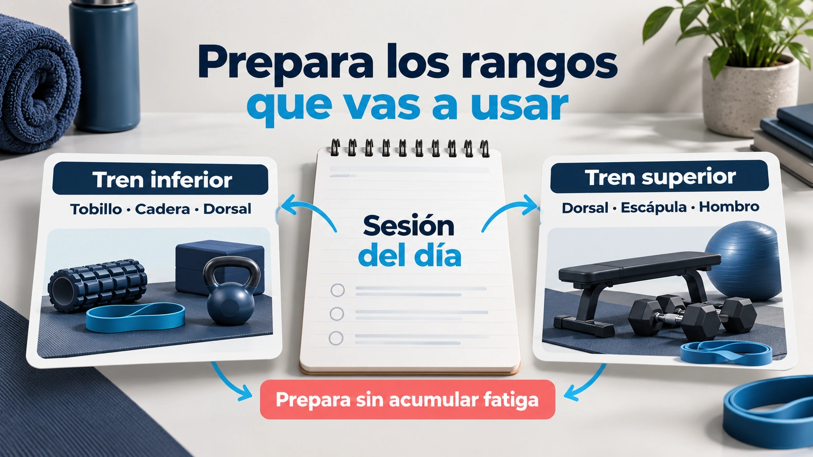 El calentamiento prioriza los rangos y articulaciones que se utilizarán, con una dosis que prepare sin fatigar.