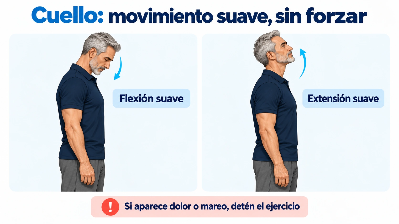 La flexión y extensión cervical se realiza lentamente en un rango cómodo, sin círculos completos ni gestos forzados.
