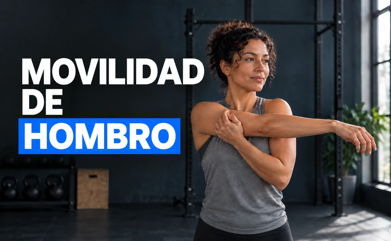 Mujer realizando un estiramiento cruzado de hombro en una sala de entrenamiento con el titular «MOVILIDAD DE HOMBRO».