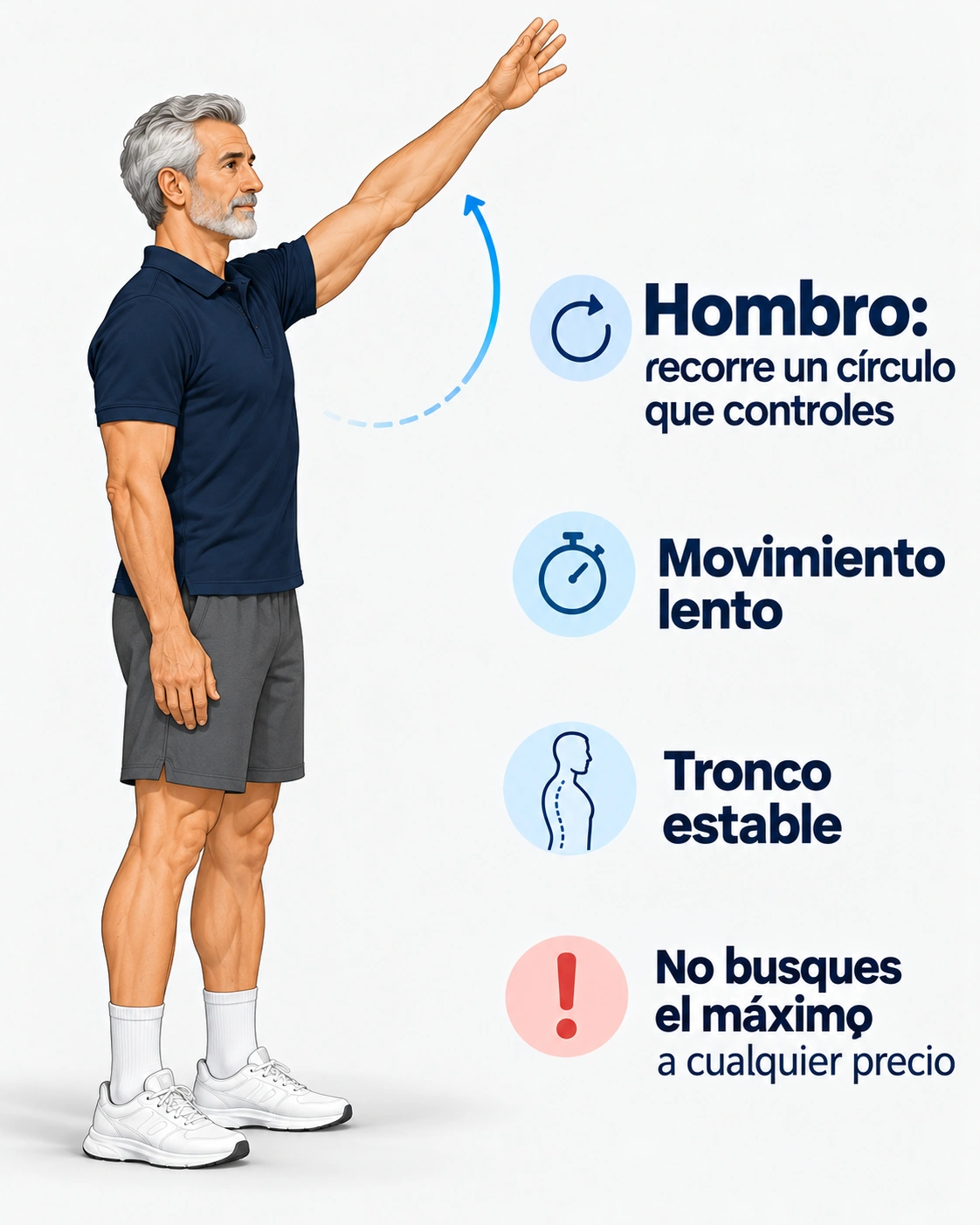 El brazo explora un círculo controlado mientras el tronco y la pelvis mantienen una posición estable.