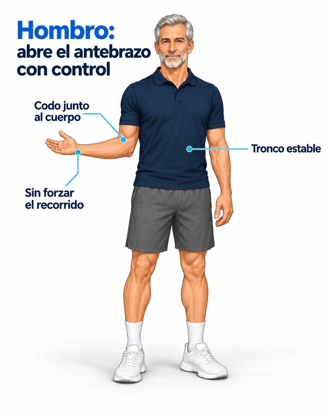Con el codo junto al cuerpo y flexionado, el antebrazo se abre hacia fuera sin girar el tronco.