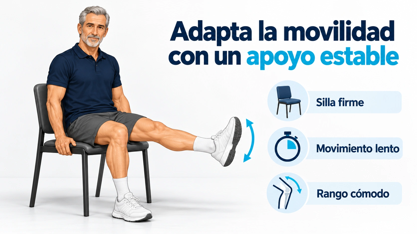 La extensión de rodilla puede practicarse en una silla estable con un rango cómodo y una postura controlada.