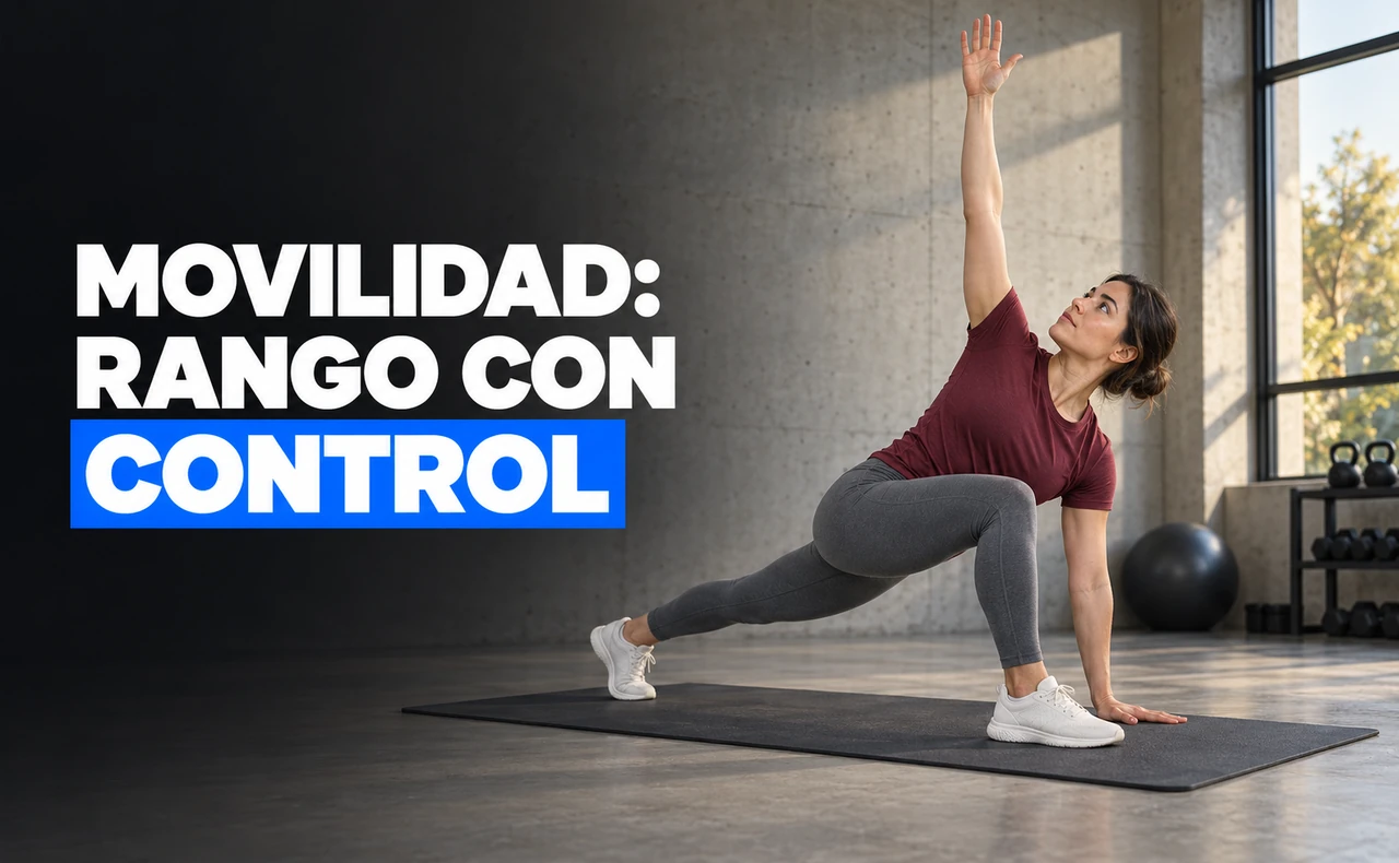 Deportista joven con camiseta burdeos realizando una zancada larga con rotación de tronco sobre una esterilla, con el titular «Movilidad: rango con control».